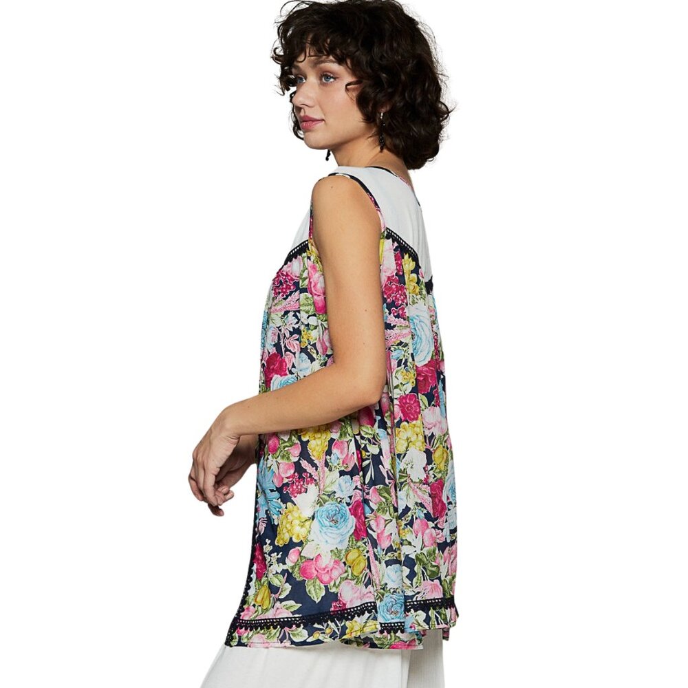 POL Floral Blouse Woven Cotton Sleeveless  Buttons Lightweight. Flattering. S-L